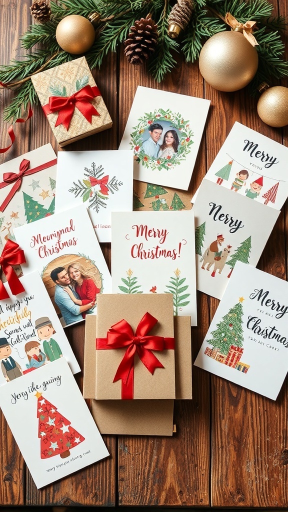 A variety of creative Christmas cards on a wooden table, showcasing different designs and decorations.